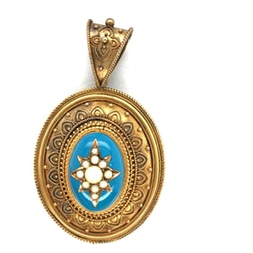 Victorian 14. k yellow gold pearls and enamel pendant