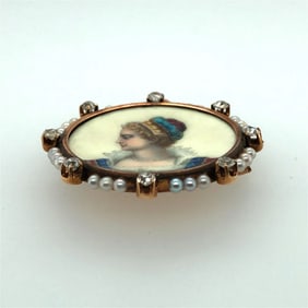 18k yellow gold french enamel , diamonds pearls,
