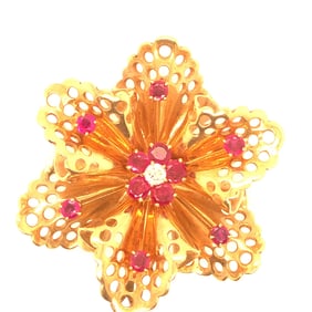 Antique 14k Y/G Diamond Ruby flower brooch.