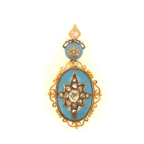 Victorian 14K Y/G Diamond, and blue enamel Pendant