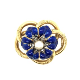 18K Yellow Gold Victorian Diamond, Pearl, Enamel Brooch