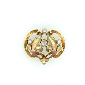 18k Yellow Gold Art Nouveau Diamond,Pearl,Enamel Brooch