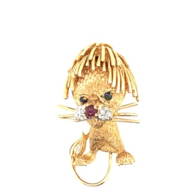 14K Yellow Gold, Diamond, Ruby, Sapphire Cat Brooch.