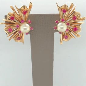 14k Yellow gold Retro earring, cultured pearls+Burma,