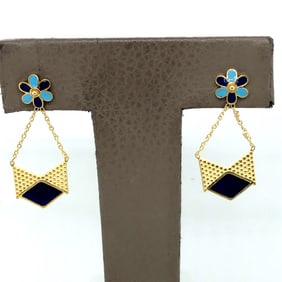 Pair of 14K Yelllow Gold Enamel hanging EARRINGS.