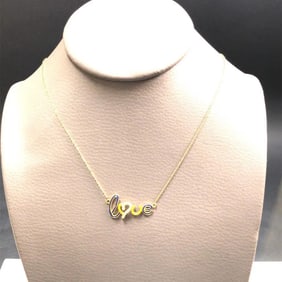 14K Yellow Gold , Diamond, Enamel, Love Necklace.