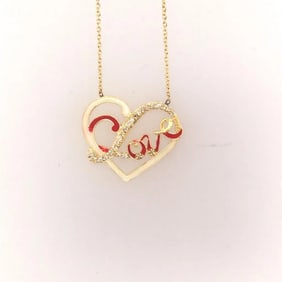 14K Yellow Gold Diamond and Enamelling Heart Necklace.