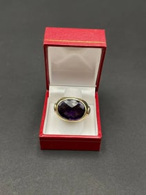 14K Yellow Gold DIAMOND & Amathyt Large Ring.