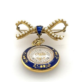 Yellow Gold blue Enamel & Pearl-Open face Pocket Watch Chatelain.