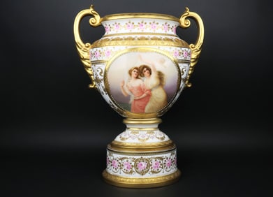 Oval Viennese Gilt Porcelain Hand Painted Vase By Wagner. Circa 1900