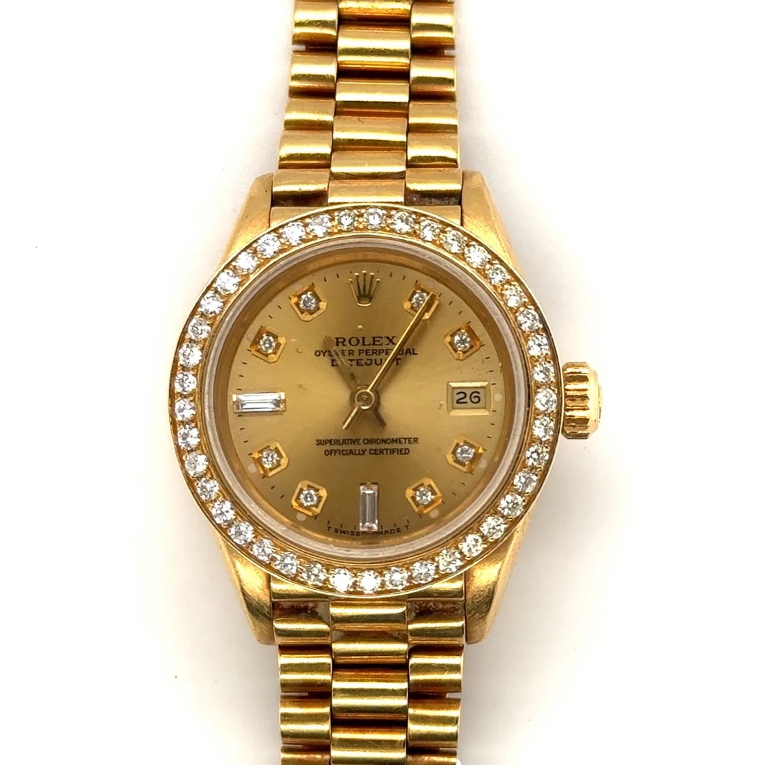 Ladies 18K Solid Gold Diamond Bezal Diamond Dial President Rolex Watch (1 of 8)