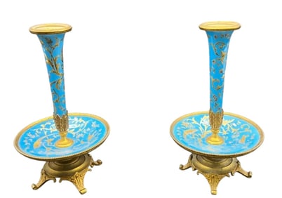 19th Century Pair Of French Enamel Over Gilt Bronze Vases