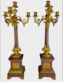 A LARGE PAIR OF DORE BRONZE AND MARBLE CANDELABRAS