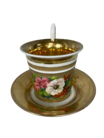 A 19th Century Continental Gilt & Hand Painted Porcelain Cup & Saucer