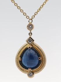 Hand Made 14K Yellow gold, Natural Sapphire, Natural Diamonds Necklace