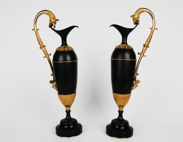 Pair Of 19th Century French Empire Patinated & Gilt Bronze Ewers