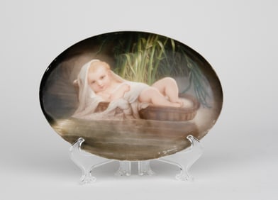 A Berlin K.P.M Hand Painted Porcelain Plaque Of Moses In Cradle