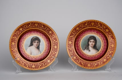 Pair Of Royal Vienna Style Hand Painted Porcelain Decorative Cabinet Plates
