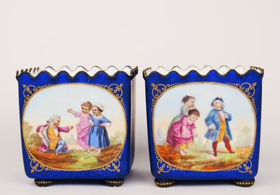 Pair Of Sevres Style Hand Painted Porcelain Decorative Flower Pots