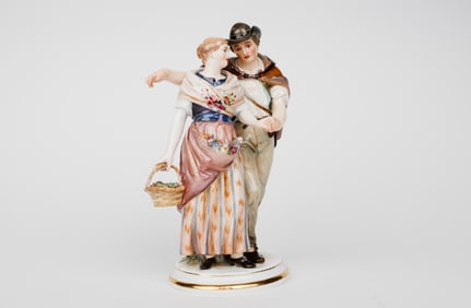 19th Century German Meissen Porcelain Sculpture Of A Loving Couple.