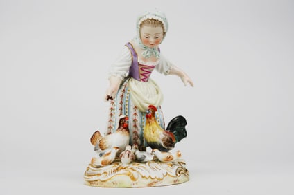 19th Century German Porcelain Figural Sculpture Of A Lady Feeding The Chickens