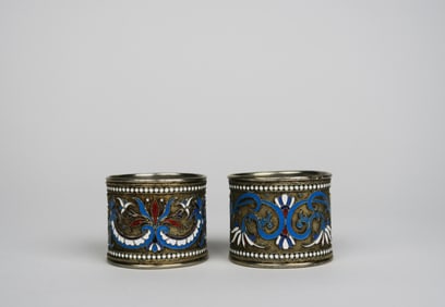 Pair Of Enamel & Gilt Silver Napkin Holders
