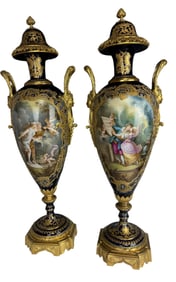 Pair Of 19th Century French Ormolu Mounted Sevres Porcelain Urns