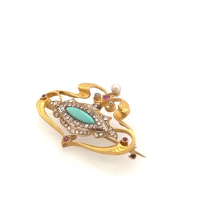 Art Nouveau 18K Yellow Gold,Diamond, Turquoise, Pearl & Ruby Brooch