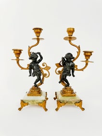 Pair Of Gilt & Patinated Art Nouveau Candelabras Mounted On Onyx