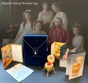 Rare Fabergé Rosebud Egg Crystal Jeweled & Necklace w/Box