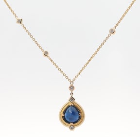 Hand Made 14K Yellow gold, Natural Sapphire, Natural Diamonds Necklace
