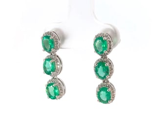 Pair Of Platinum, Diamond & Emerald Earrings