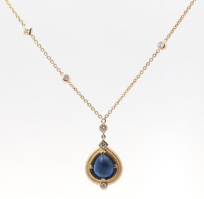 Hand Made 14K Yellow gold, Natural Sapphire, Natural Diamonds Necklace