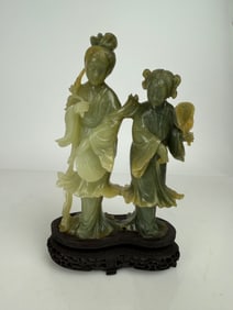 Chinese Carved Green Jade Sculpture on a Wooden Vase