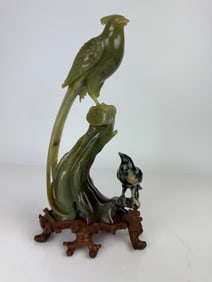 Chinese Carved Green Jade Sculpture on a Wooden Vase