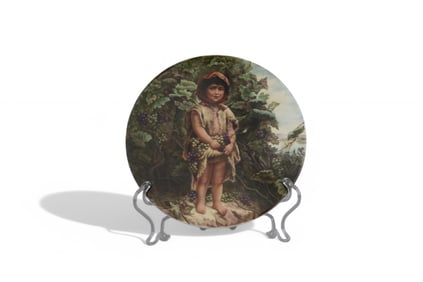 A Berlin KPM Hand Painted Plaque Depicting A Standing Boy Picking Grapes