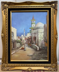 A Middle Eastern Oil On Canvas Painting Of A Neighborhood