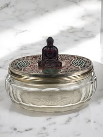 19th Century French Figural Chinoiserie Cut Crystal & Enamel Silver Plated Jewelry Box
