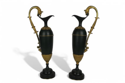 Pair Of 19th Century French Empire Patinated & Gilt Bronze Ewers