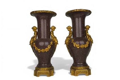 Pair Of 19th Century French Ormolu Mounted Porphyry Vases