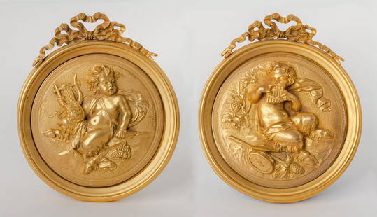Pair of French Gilt Bronze Round Figural Wall Plaques, France, 19th Century: Pair of French gilt bronze round figural wall plaques, France, 19th century Attributed To F. Barbedienne Measures: 10" x 2" x 2" Ferdinand Barbedienne (6 August 1810 – 21 March 1892) was a prolific