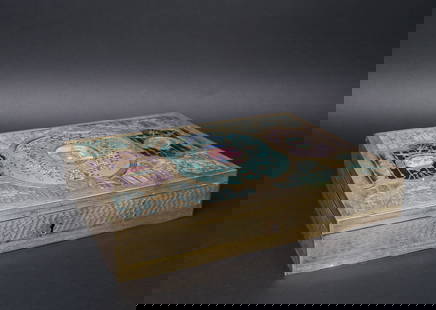 French Parcel Gilt Silver & Enamel Table Box Made by Janvier Quercia- Paris: French Parcel Gilt First Standard Silver and Enamel Table Box Made by Janvier Quercia- Paris. Retail by C.siou & Cie Moscow Circa 1910 H 2-1/4" x L 12-1/4" x D 10 "