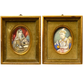 Indian Mughal Period, Pair of Framed Portraits of Emperor Akbar & Princess Mughal