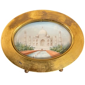 An Oval Watercolor Miniature Painting of The Taj Mahal