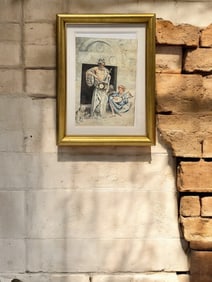 An Antique Italian Orientalist Water Color On Paper of Two Arab Musicians