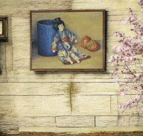 A French Oil On Canvas Japanese Style Painting of A Doll