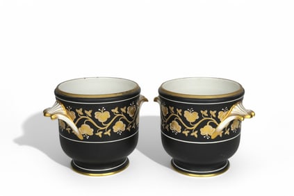 Pair Of Sevres Style Porcelain Black Ground Hand Painted Flower Vases
