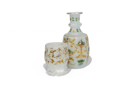 Lot Of Two 19th Century Bohemian Enameled Glass Bottle & A Cup