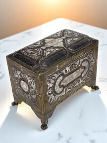 19th Century Middle Eastern Brass, Copper & Silver Inlaid Jewelry Box