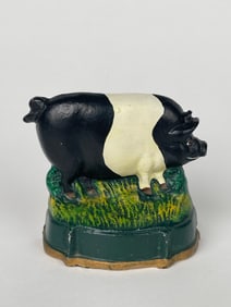 A Black & White Pig On Grass Cat Iron Doorstop